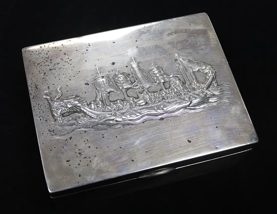 An early 20th century Chinese Export silver cigarette box by Luen Hing, Shanghai, 4.5in.